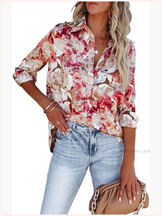 Tops - Womens Long Sleeve Button Down Wrinkle-Free Dressy Casual Blouse Floral Print